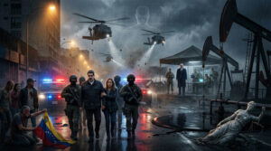 Nighttime street raid in Caracas showing Nicolás Maduro and Cilia Flores being escorted by armed soldiers between police cars with flashing lights, helicopters overhead, Trump observing from an oil-field command tent, and a toppled Lady Justice statue sinking into an oil spill.