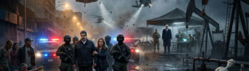 Nighttime street raid in Caracas showing Nicolás Maduro and Cilia Flores being escorted by armed soldiers between police cars with flashing lights, helicopters overhead, Trump observing from an oil-field command tent, and a toppled Lady Justice statue sinking into an oil spill.