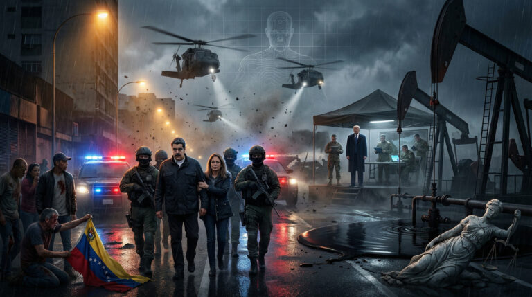 Nighttime street raid in Caracas showing Nicolás Maduro and Cilia Flores being escorted by armed soldiers between police cars with flashing lights, helicopters overhead, Trump observing from an oil-field command tent, and a toppled Lady Justice statue sinking into an oil spill.