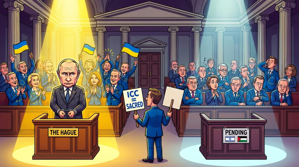 Cartoon politicians in a grand courtroom cheer under a yellow spotlight for a defendant linked to Ukraine, while on the other side a silent group sits under a white spotlight in front of an empty dock marked pending with Israeli and Palestinian flags, as a man in the center holds a sign reading ICC equals sacred.