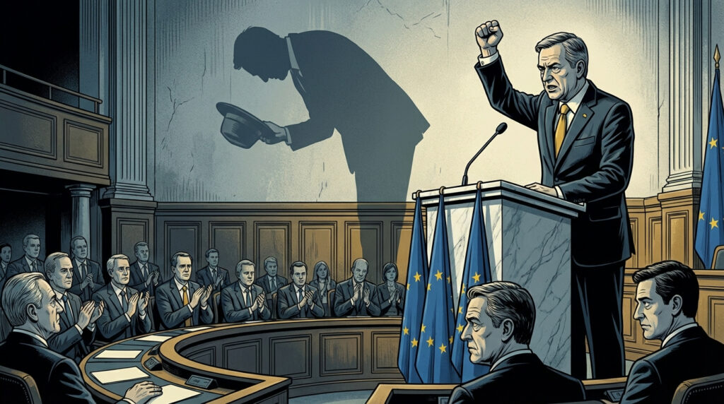A politician at a marble podium in a European style parliamentary chamber raises his fist while his shadow on the wall shows him bowing with his hat, as suited delegates sit around a circular bench applauding