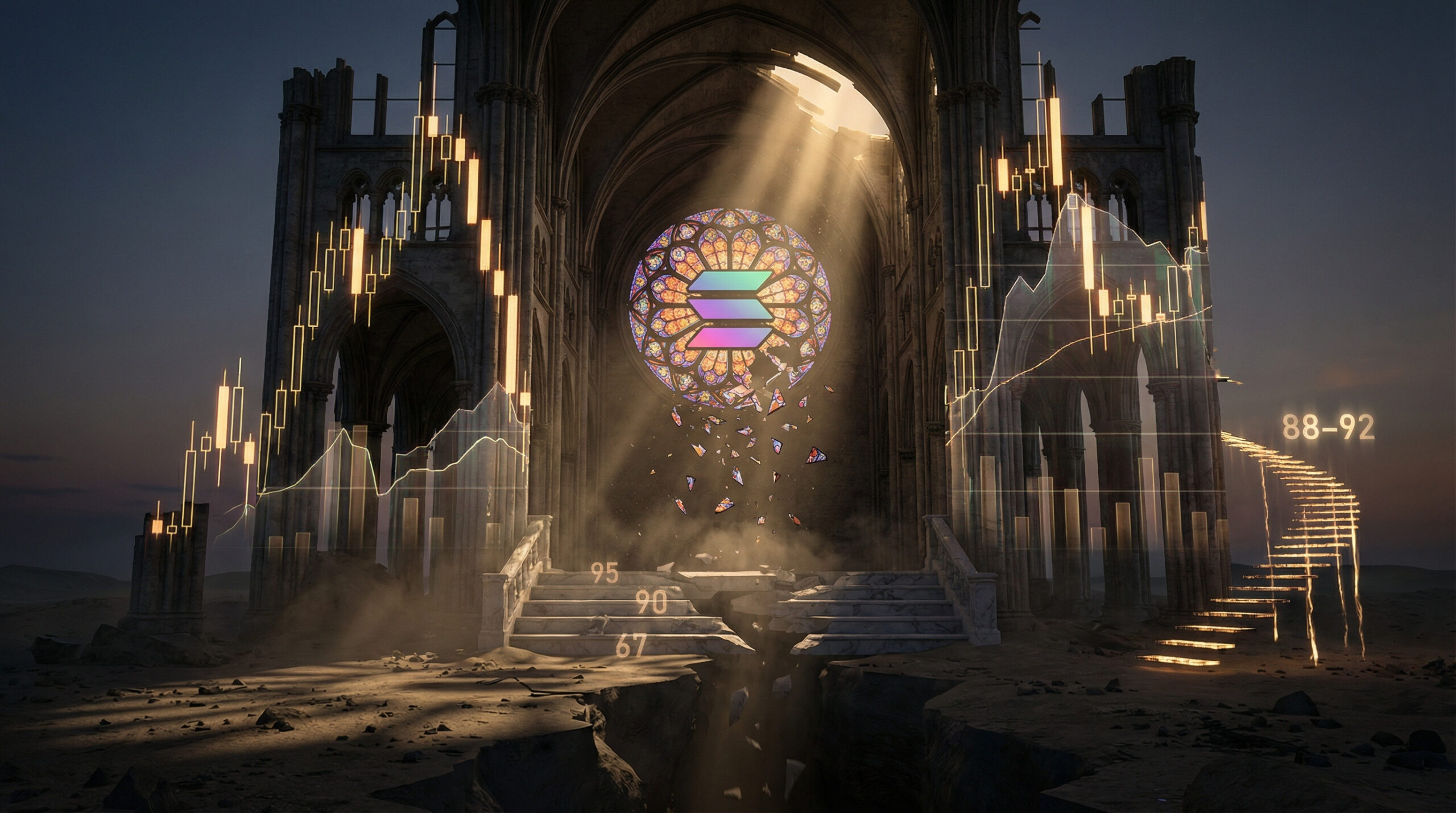 A ruined stone cathedral filled with glowing candlestick charts stands at dusk, its stained‑glass Solana logo shattering above a cracked floor marked 95, 90, 67, while a luminous stairway labeled 88–92 rises into the dark sky.
