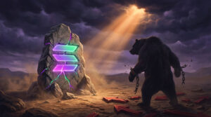 Glowing Solana logo carved into a cracked stone crossroads as a shadowy bear’s chains begin to break beneath a stormy violet sky.