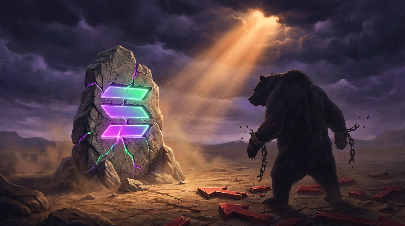 Glowing Solana logo carved into a cracked stone crossroads as a shadowy bear’s chains begin to break beneath a stormy violet sky.