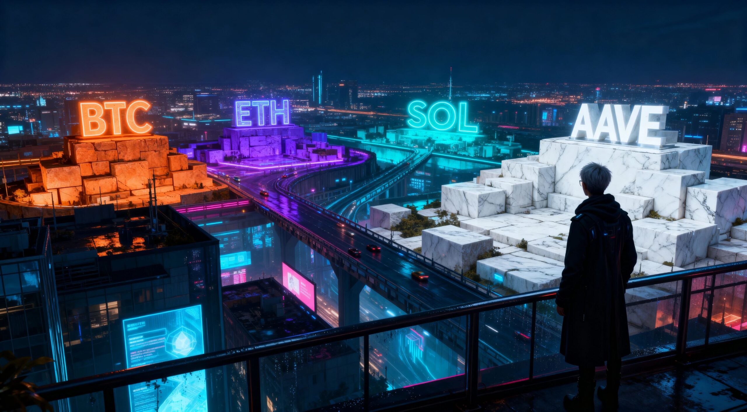 A person in a dark coat stands on a balcony at night overlooking a neon‑lit futuristic city, with giant glowing crypto tickers BTC, ETH, SOL, and AAVE mounted on marble platforms above elevated highways.