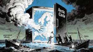 Dark political cartoon showing a giant refrigerator labeled “Arctic Circle” blasting cold air over a map of Northern Europe, with businessmen forcing the door open and small Baltic fishing boats capsizing in rough seas.