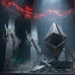 A 3D scene of a ruined stone temple where a large, rusted, double-pyramidal Ethereum logo is suspended by heavy chains above a cracked pedestal, with shattered pillars and red falling price charts glowing along the circular ceiling.
