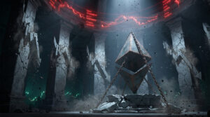 A 3D scene of a ruined stone temple where a large, rusted, double-pyramidal Ethereum logo is suspended by heavy chains above a cracked pedestal, with shattered pillars and red falling price charts glowing along the circular ceiling.