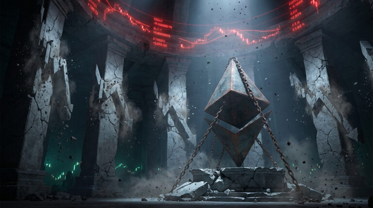 A 3D scene of a ruined stone temple where a large, rusted, double-pyramidal Ethereum logo is suspended by heavy chains above a cracked pedestal, with shattered pillars and red falling price charts glowing along the circular ceiling.