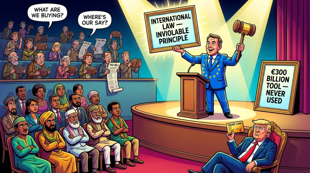 A European auctioneer in a blue suit with EU stars holds up a plaque reading International Law Inviolable Principle on a stage labeled Grand Global Auction, while a sign beside him says €300 Billion Tool Never Used, a skeptical Global South audience sits in the front rows, European taxpayers holding tax bills fill the balcony, and a blond politician lounges at the stage edge holding a Trump Card.