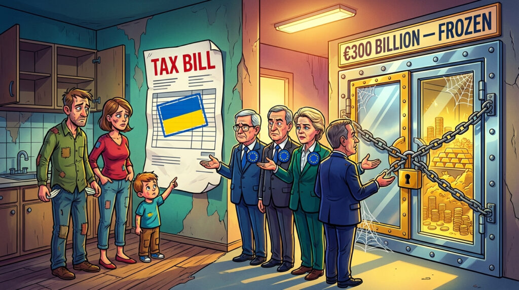 A split panel cartoon shows a poor European family in a shabby kitchen staring at a giant tax bill stamped with a Ukrainian flag while EU politicians explain, and in the second panel the same politicians stand admiring a glowing vault full of gold behind a door labeled €300 Billion Frozen.