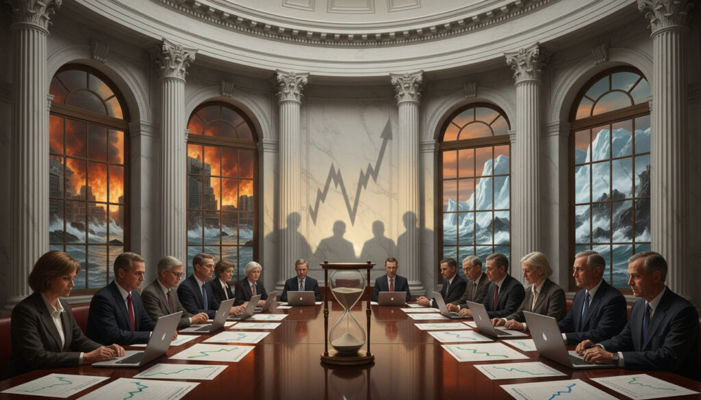 Hyper-realistic painting of a grand neoclassical government hall where calm economists study smooth climate graphs around a long table, while the windows reveal floods, wildfires, and collapsing ice outside, with a cracked hourglass at the center casting distorted, exponential shadows.