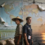 Two people stand back-to-back, one a rural farmer in flooded rice fields under heavy rain and the other a uniformed worker on a burning, cracked road, with a torn world map behind them symbolizing global climate inequality.