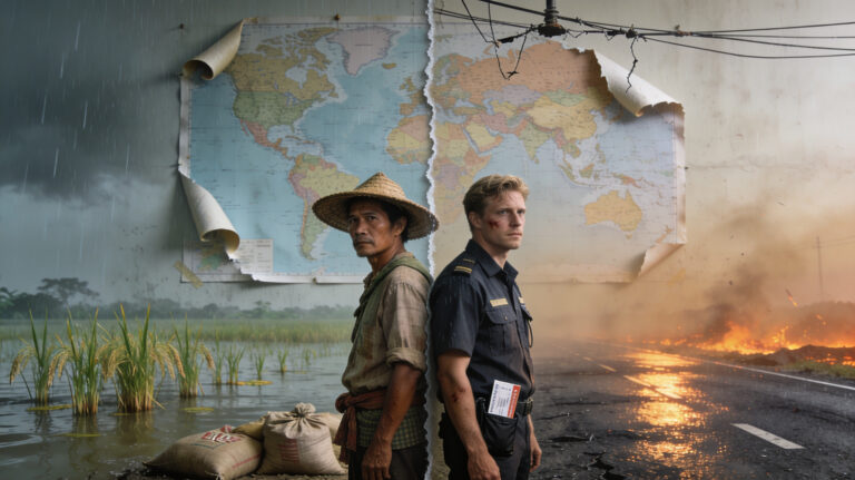 Two people stand back-to-back, one a rural farmer in flooded rice fields under heavy rain and the other a uniformed worker on a burning, cracked road, with a torn world map behind them symbolizing global climate inequality.