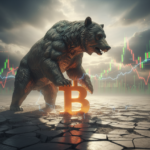 Bronze bear on a cracked marble trading floor towers over a half-buried glowing Bitcoin symbol, with stormy clouds parting to reveal thin golden light beams in a tense, cinematic scene
