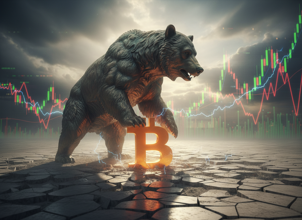 Bronze bear on a cracked marble trading floor towers over a half-buried glowing Bitcoin symbol, with stormy clouds parting to reveal thin golden light beams in a tense, cinematic scene