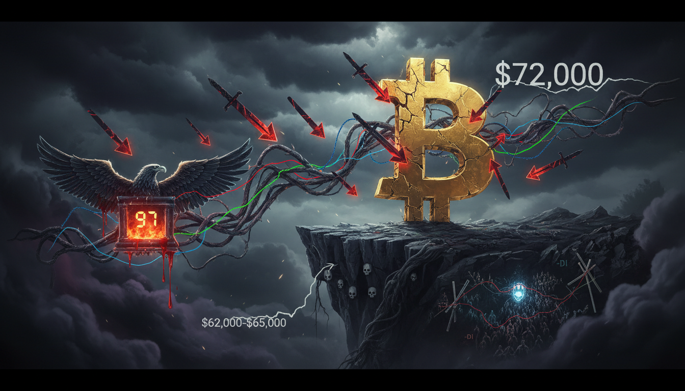 Text A detailed fantasy illustration showing a cracked golden Bitcoin symbol standing on a dark rocky cliff edge against a stormy sky. To the left, a large black eagle with spread wings holds a glowing orange furnace displaying the number ninety-three, connected to the Bitcoin by thick tangled roots and colored wires in red, green, and blue. Multiple red glowing arrow-shaped swords fly toward the Bitcoin, impaling its surface. Dark storm clouds swirl above with lightning strikes. The cliff face features human skulls embedded in the rock, and dark spectral figures gather at the base. White text in the upper right reads "98797" while text at the bottom reads "10-565000".