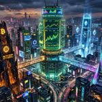 A futuristic cyberpunk cityscape at dusk, featuring towering skyscrapers labeled “Bitcoin Citadel,” “Ethereum Citadel,” “Solana Citadel,” and “Grand Crypto Exchange,” with glowing crypto logos and trading charts illuminating the skyline.