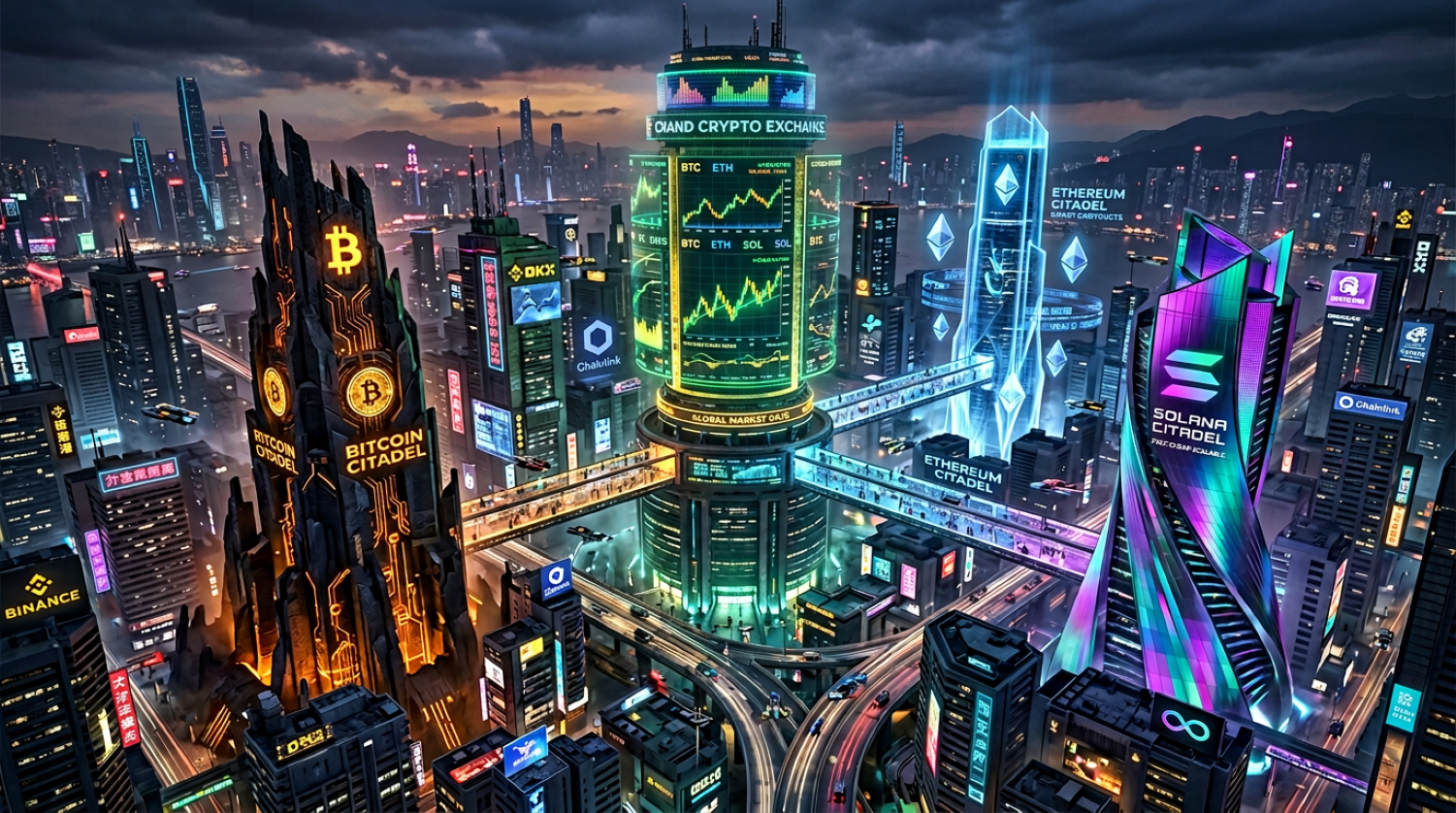 A futuristic cyberpunk cityscape at dusk, featuring towering skyscrapers labeled “Bitcoin Citadel,” “Ethereum Citadel,” “Solana Citadel,” and “Grand Crypto Exchange,” with glowing crypto logos and trading charts illuminating the skyline.