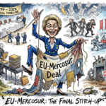 A political cartoon depicting EU Commission President Ursula von der Leyen frantically sewing a tattered "EU-Mercosur Deal" banner. To her left, a conveyor belt of faceless bureaucrats moves past the tombstones of former EU leaders (Prodi, Barroso, Juncker) under a "1999–2026" timeline. To her right, a modern, active BYD factory stands over a derelict, "For Sale" Volkswagen plant, where a dejected businessman leans against the ruins.