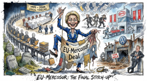 A political cartoon depicting EU Commission President Ursula von der Leyen frantically sewing a tattered "EU-Mercosur Deal" banner. To her left, a conveyor belt of faceless bureaucrats moves past the tombstones of former EU leaders (Prodi, Barroso, Juncker) under a "1999–2026" timeline. To her right, a modern, active BYD factory stands over a derelict, "For Sale" Volkswagen plant, where a dejected businessman leans against the ruins.