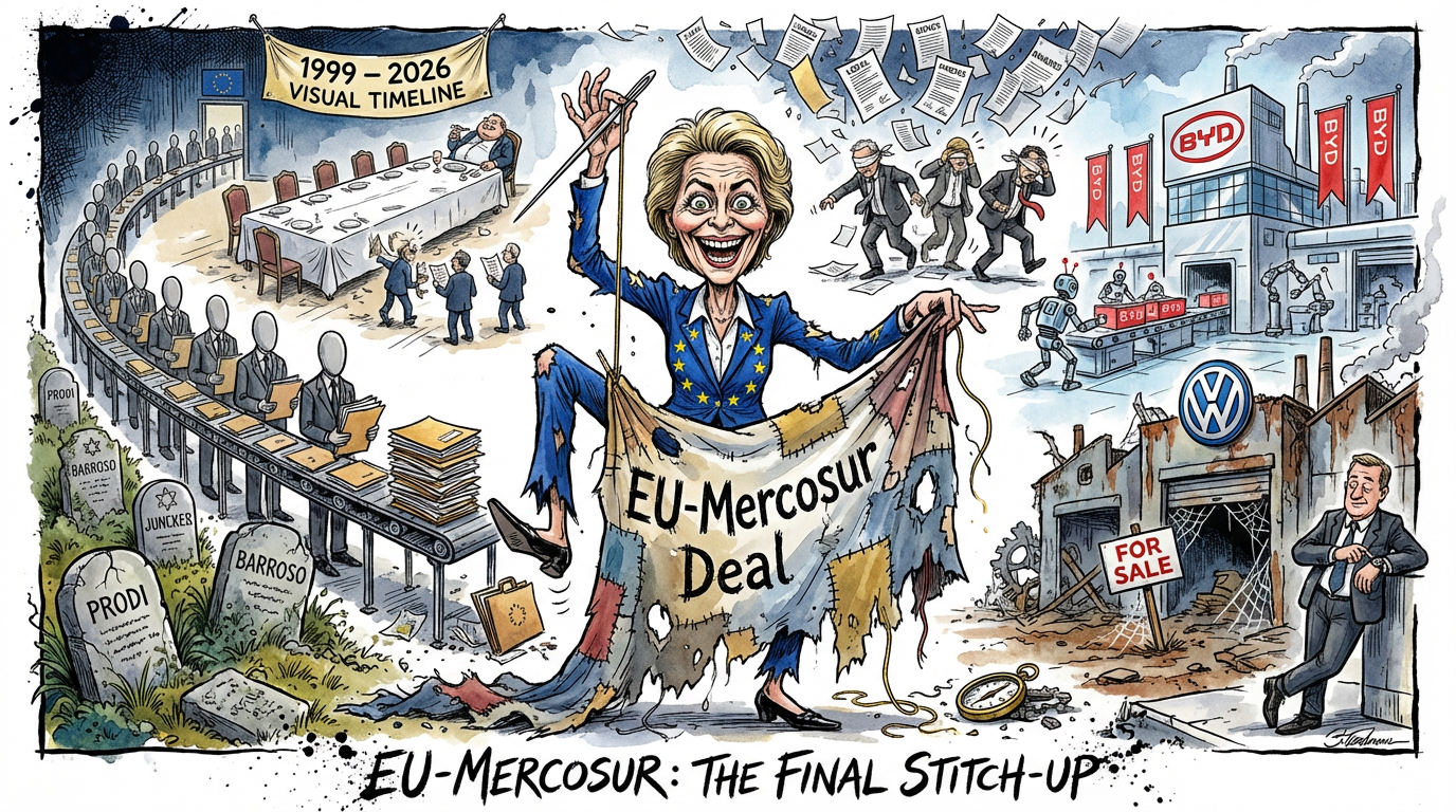 A political cartoon depicting EU Commission President Ursula von der Leyen frantically sewing a tattered "EU-Mercosur Deal" banner. To her left, a conveyor belt of faceless bureaucrats moves past the tombstones of former EU leaders (Prodi, Barroso, Juncker) under a "1999–2026" timeline. To her right, a modern, active BYD factory stands over a derelict, "For Sale" Volkswagen plant, where a dejected businessman leans against the ruins.