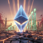 Abstract crypto artwork showing a glowing Ethereum logo emerging from cracked ground in a dry futuristic cityscape at dusk, with green crystal chart structures rising and red shards fading in the background.