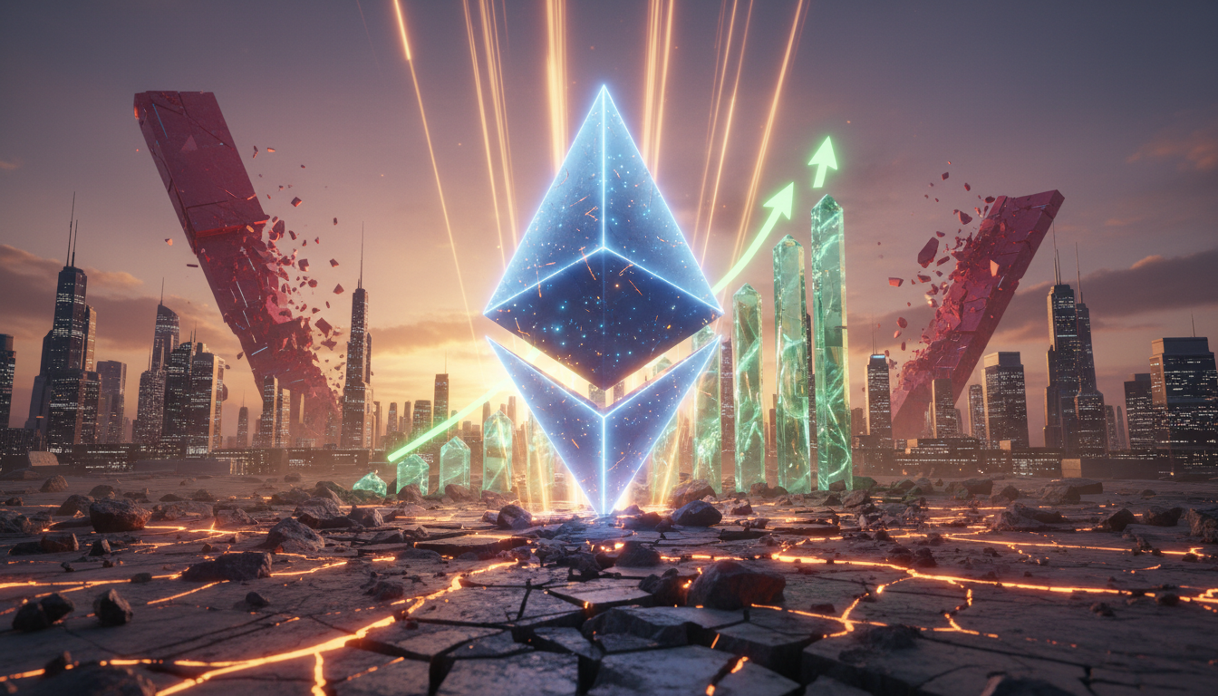 Abstract crypto artwork showing a glowing Ethereum logo emerging from cracked ground in a dry futuristic cityscape at dusk, with green crystal chart structures rising and red shards fading in the background.