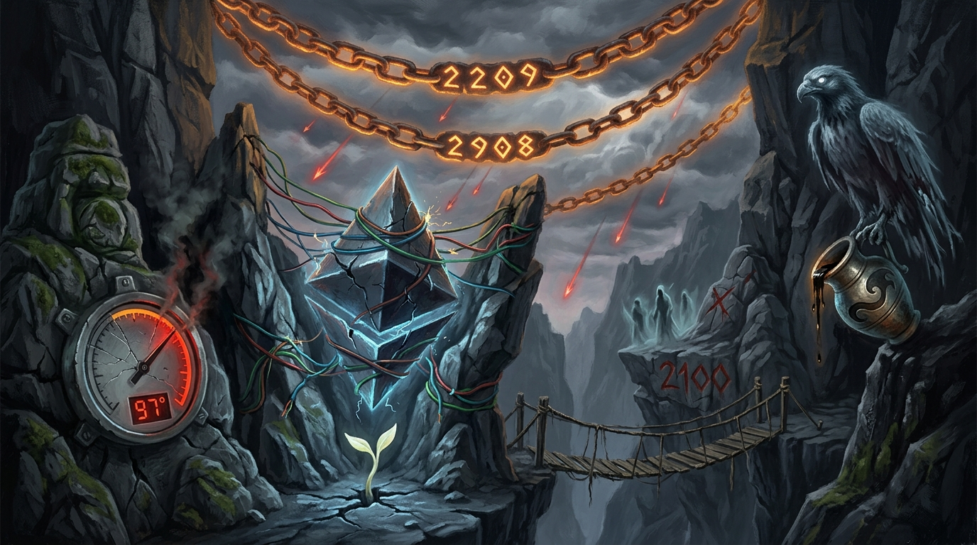 A dark fantasy scene showing a large cracked blue crystal Ethereum symbol trapped between rocky cliffs wrapped in colorful wires Style ManualDeque Systems. Three glowing orange chains suspended overhead display the numbers 2209 and 2908 Section508.gov. To the left a mechanical gauge shows red 97 degrees with smoke Section508.govDeque Systems. To the right a spectral gray eagle perches on a cliff holding a bronze vessel dripping dark liquid Deque Systems. A fragile rope bridge spans toward ghostly blue figures near a red 2100 marker Deque Systems. A small green plant grows in the foreground crevice