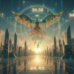 Alt text: Futuristic city skyline built from glowing Solana logos at sunrise, with a rising metallic phoenix made of candlesticks passing through bright circular rings above a lit floor level.