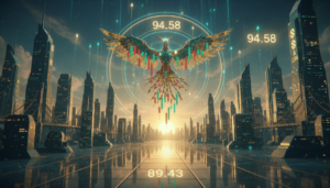 Alt text: Futuristic city skyline built from glowing Solana logos at sunrise, with a rising metallic phoenix made of candlesticks passing through bright circular rings above a lit floor level.