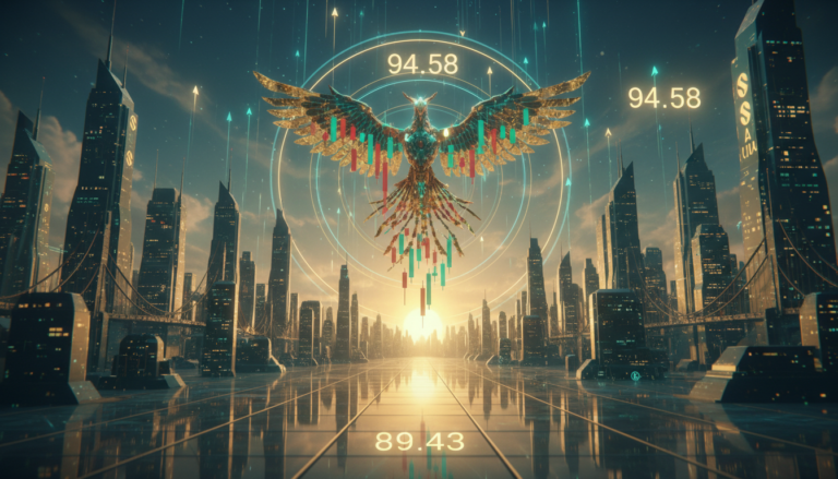 Alt text: Futuristic city skyline built from glowing Solana logos at sunrise, with a rising metallic phoenix made of candlesticks passing through bright circular rings above a lit floor level.