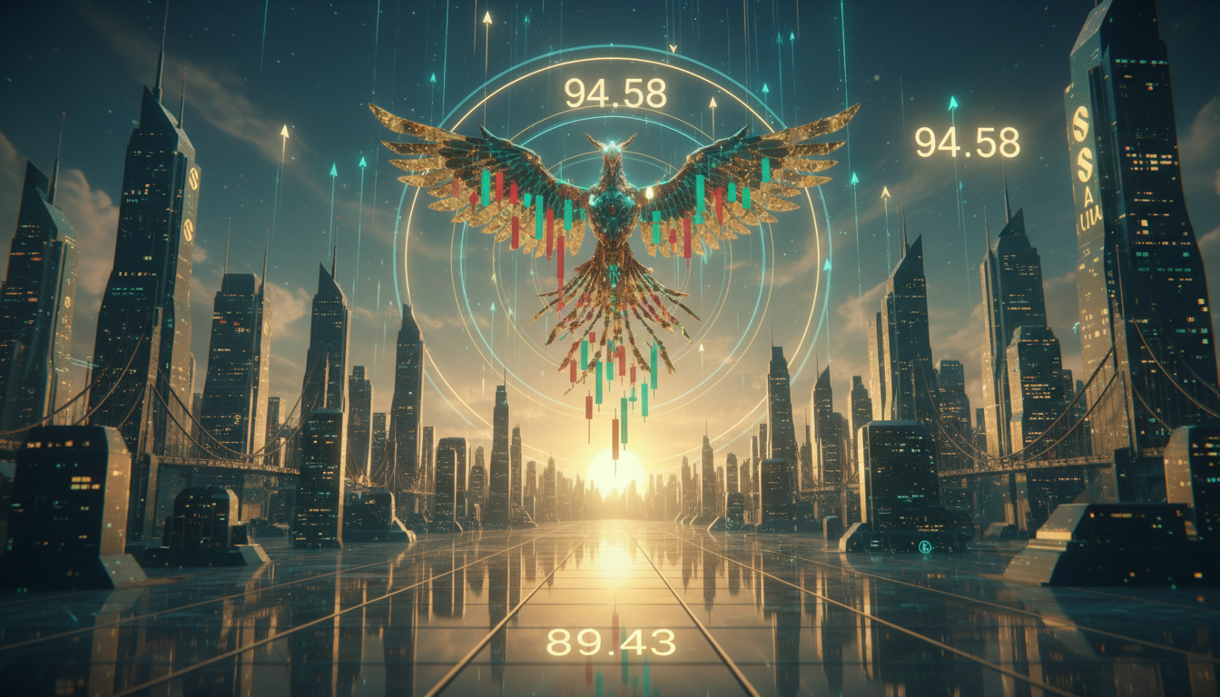 Alt text: Futuristic city skyline built from glowing Solana logos at sunrise, with a rising metallic phoenix made of candlesticks passing through bright circular rings above a lit floor level.