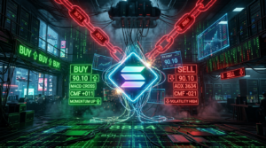 A cyberpunk-style digital artwork depicting a futuristic cryptocurrency trading floor centered around a glowing Solana symbol. The scene shows a large diamond-shaped Solana logo suspended in the middle of a dark server room, surrounded by green BUY signals on the left displaying 90.10, MACD CROSS, CMF positive 011, and MOMENTUM UP with upward arrows. On the right, red SELL signals show 90.10, ADX 3634, CMF negative 021, and VOLATILITY HIGH with downward arrows. Above the symbol, massive red neon chains inscribed with 3634, 2861, and 2651 descend from a server cluster ceiling. The floor displays green digital grid patterns with 8884 and SOL USDT text visible. The room features multiple computer monitors displaying charts, matrix code rain falling in the background, volumetric fog, and neon lighting in green and red creating a tense atmosphere of conflicting market signals.
