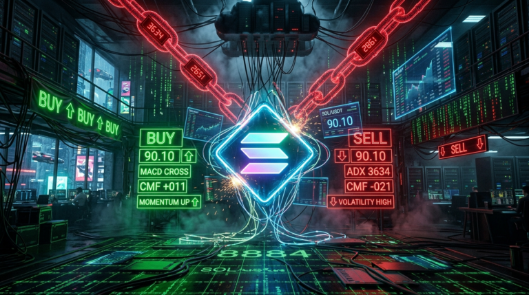 A cyberpunk-style digital artwork depicting a futuristic cryptocurrency trading floor centered around a glowing Solana symbol. The scene shows a large diamond-shaped Solana logo suspended in the middle of a dark server room, surrounded by green BUY signals on the left displaying 90.10, MACD CROSS, CMF positive 011, and MOMENTUM UP with upward arrows. On the right, red SELL signals show 90.10, ADX 3634, CMF negative 021, and VOLATILITY HIGH with downward arrows. Above the symbol, massive red neon chains inscribed with 3634, 2861, and 2651 descend from a server cluster ceiling. The floor displays green digital grid patterns with 8884 and SOL USDT text visible. The room features multiple computer monitors displaying charts, matrix code rain falling in the background, volumetric fog, and neon lighting in green and red creating a tense atmosphere of conflicting market signals.