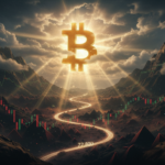 Golden Bitcoin emblem rising above rugged sunlit mountains as storm clouds part, a glowing path of light symbolizing price breaking through resistance toward higher targets.