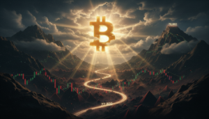 Golden Bitcoin emblem rising above rugged sunlit mountains as storm clouds part, a glowing path of light symbolizing price breaking through resistance toward higher targets.