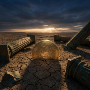 A realistic scene showing a golden Bitcoin symbol standing on a cracked plateau under dim twilight, surrounded by broken bronze pillars symbolizing lost optimism and resilience after a market downturn.