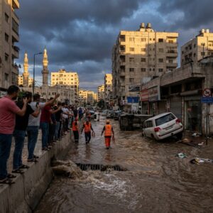 Flooded city street with overturned cars and rescue workers