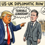 Caricature of Donald Trump shouting at Keir Starmer while Kemi Badenoch looks on calling his attacks childish.