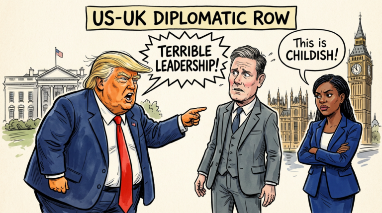 Caricature of Donald Trump shouting at Keir Starmer while Kemi Badenoch looks on calling his attacks childish.