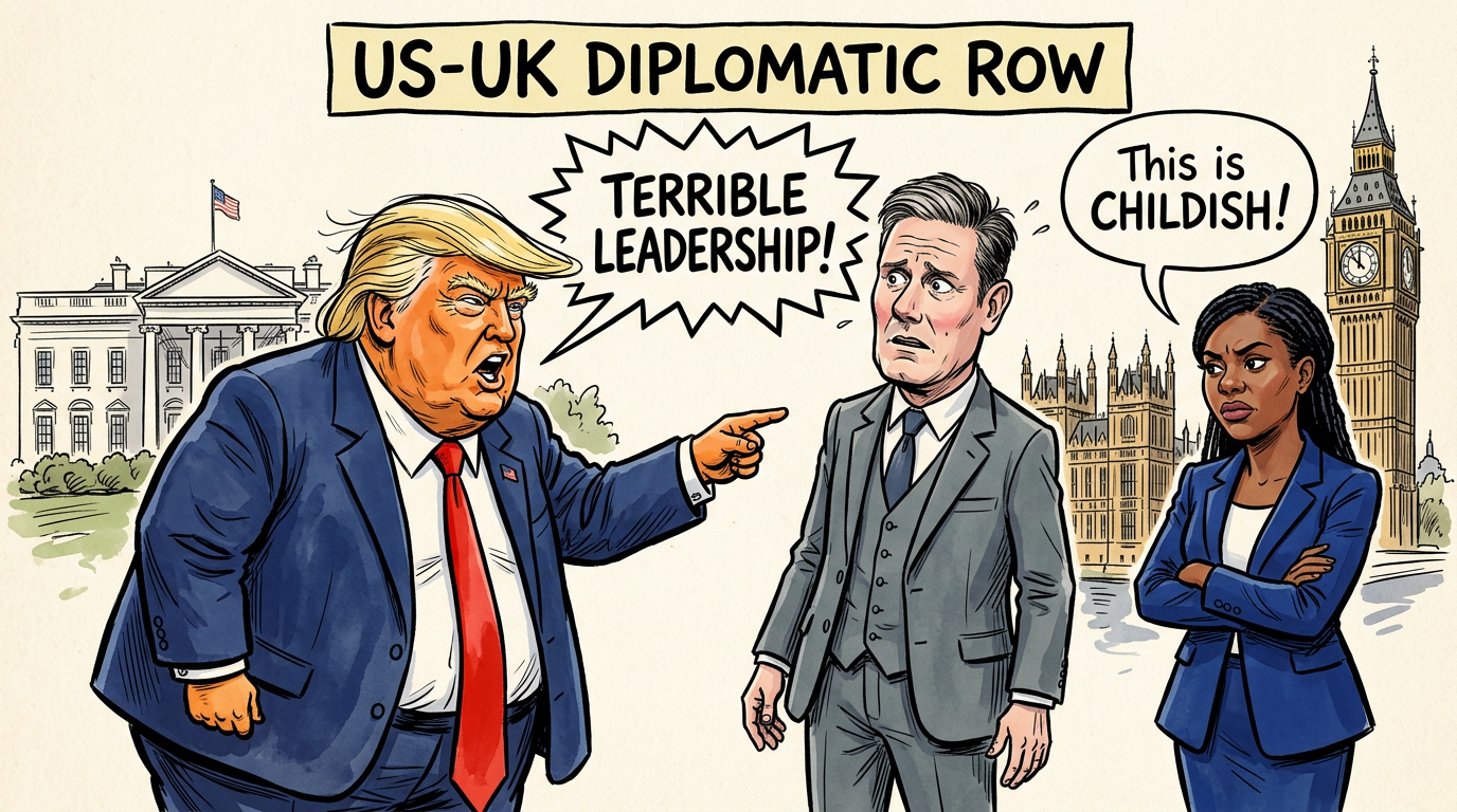 Caricature of Donald Trump shouting at Keir Starmer while Kemi Badenoch looks on calling his attacks childish.