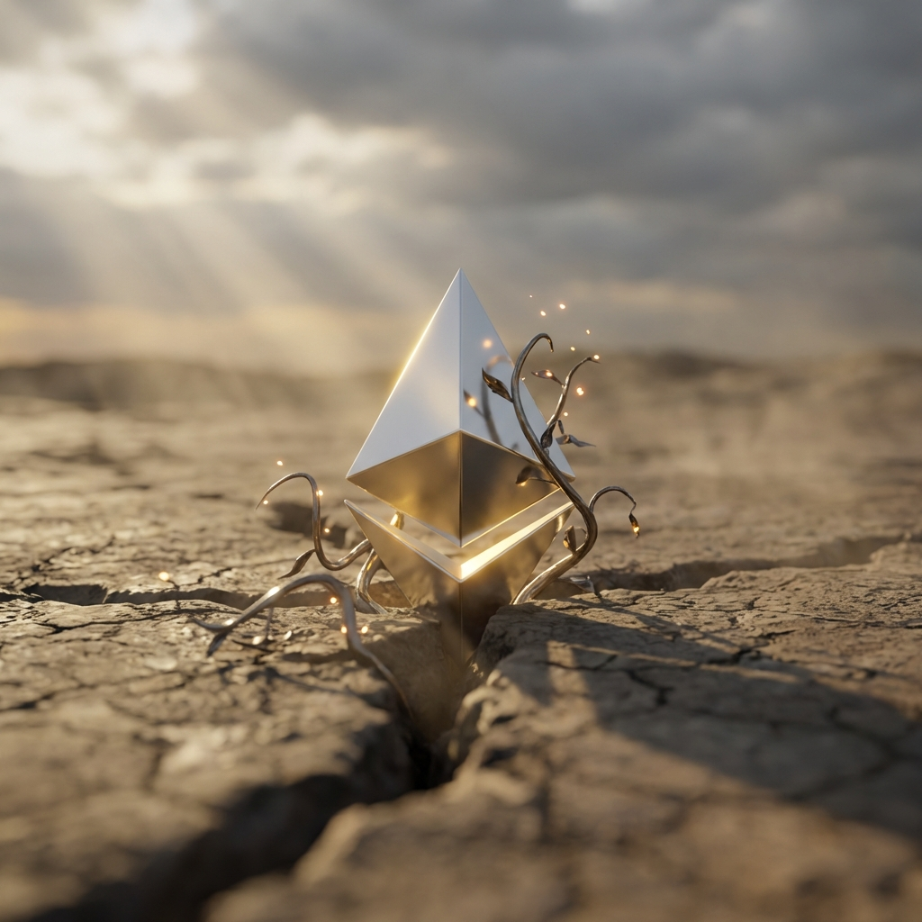 A photorealistic scene showing a silver Ethereum symbol emerging from cracked earth at dawn, surrounded by faint glowing vines under a clearing sky, symbolizing recovery and renewed optimism after a long bearish phase.