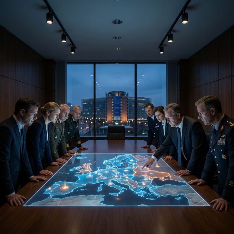 Officials reviewing illuminated digital map of Europe