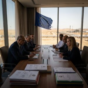 Officials meeting with EU flag and desert backdrop
