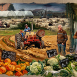 An impressionistic digital painting collage showing a farmer on a tractor in a muddy field, a flock of sheep, a woman holding two chickens, and a foreground filled with market produce like oranges and cauliflower with price tags in British Pounds.