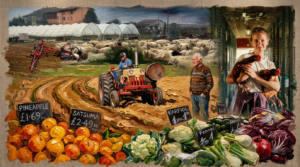 An impressionistic digital painting collage showing a farmer on a tractor in a muddy field, a flock of sheep, a woman holding two chickens, and a foreground filled with market produce like oranges and cauliflower with price tags in British Pounds.