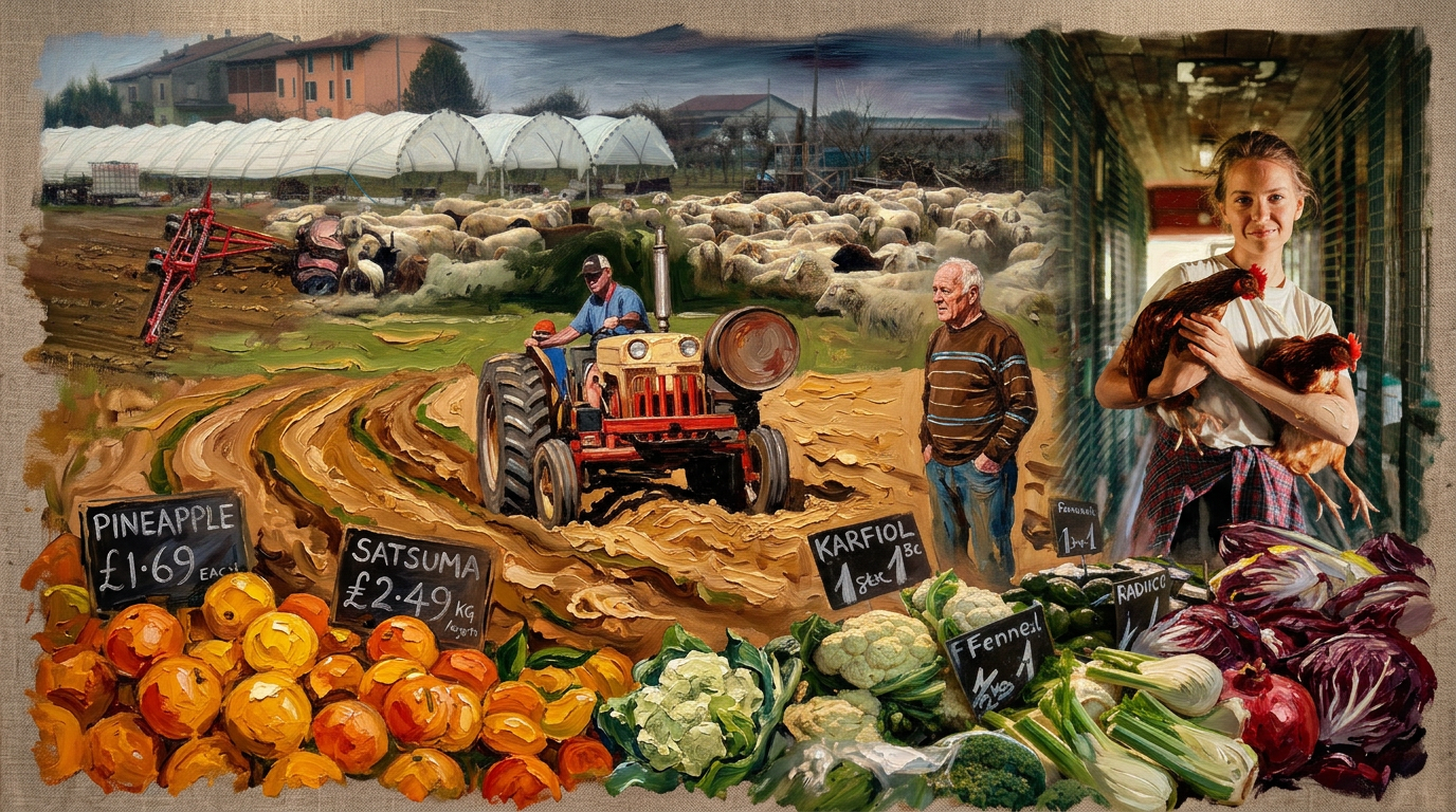 An impressionistic digital painting collage showing a farmer on a tractor in a muddy field, a flock of sheep, a woman holding two chickens, and a foreground filled with market produce like oranges and cauliflower with price tags in British Pounds.