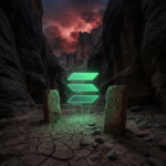A dark, narrow canyon with towering rock walls closing in around a glowing Solana symbol hovering above cracked ground, flanked by stone markers showing 79 and 84, symbolizing compressed bearish consolidation with only faint signs of a potential relief bounce.