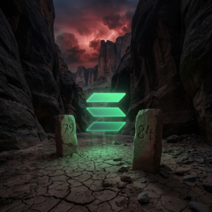 A dark, narrow canyon with towering rock walls closing in around a glowing Solana symbol hovering above cracked ground, flanked by stone markers showing 79 and 84, symbolizing compressed bearish consolidation with only faint signs of a potential relief bounce.